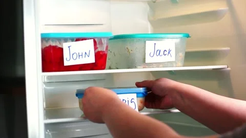 Human putting lunch box in office refrigerator. Office lunch containers Stock Footage 311571876