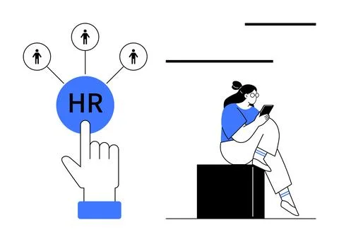 Human Resource Management Concept with HR Icon and Woman Using Tablet 스톡 일러스트