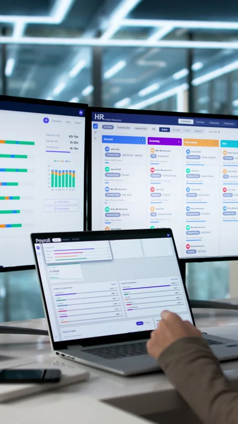Human Resource Manager Reviews Payroll Software Stock Footage 335881034