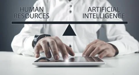 Human Resources and Artificial Intelligence text on scales. Stock Photos