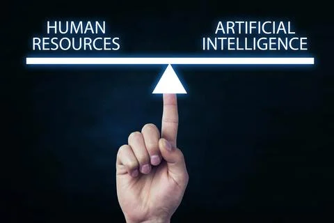 Human Resources and Artificial Intelligence text on scales. Stock Photos