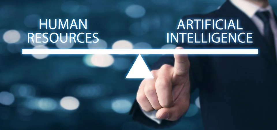 Human Resources and Artificial Intelligence text on scales. Stock Photos