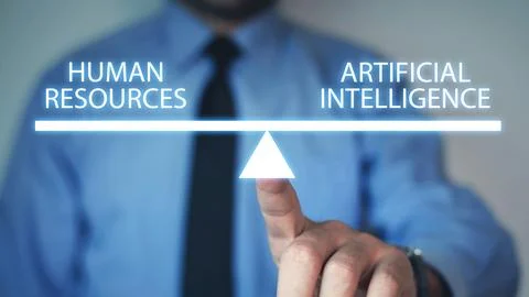 Human Resources and Artificial Intelligence text on scales. Stock Photos
