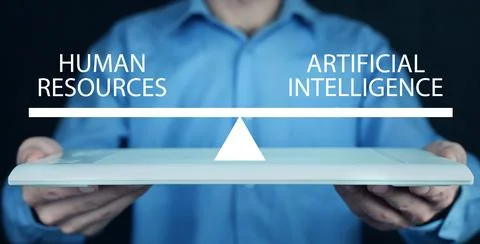 Human Resources and Artificial Intelligence text on scales. Stock Photos