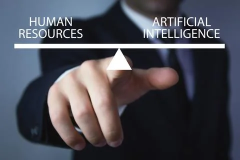 Human Resources and Artificial Intelligence text on scales. Stock Photos