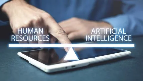 Human Resources and Artificial Intelligence text on scales. Stock Photos