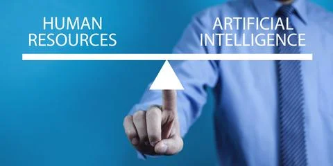 Human Resources and Artificial Intelligence text on scales. Stock Photos