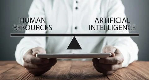 Human Resources and Artificial Intelligence text on scales. Stock Photos
