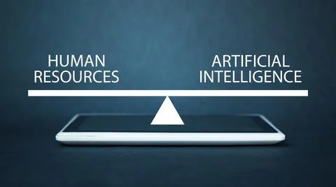 Human Resources and Artificial Intelligence text on scales. Stock Photos