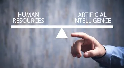 Human Resources and Artificial Intelligence text on scales. Stock Photos