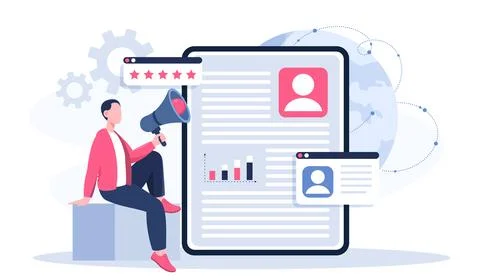 Human resources concept. Man with loudspeaker near resume and employee profile 스톡 일러스트