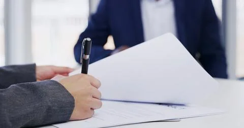 Human resources, document and hands with signature in office, job contract .. Stock Photos