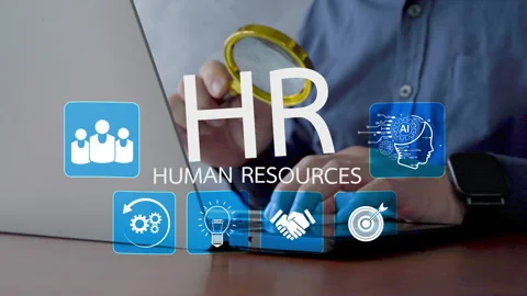 Human resources HR concept with AI technology icons, recruitment, teamwork, Stock Footage 317501031