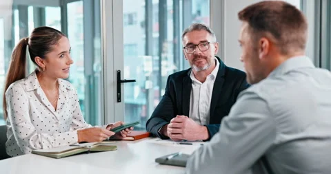 Human resources, interview or business people with tablet in office for hiring Stock Footage 341384732