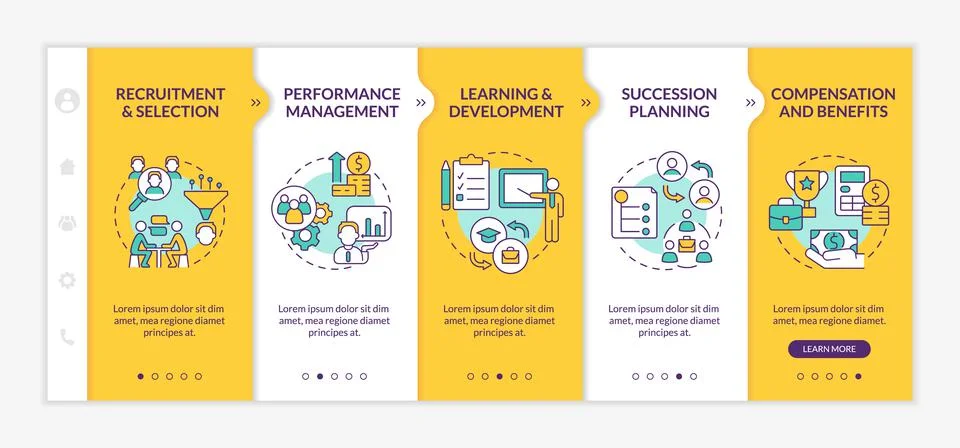 Human resources management basics yellow onboarding template Stock Illustration