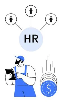 Human resources management illustrated with worker checking tablet and mone.. Stock Illustration