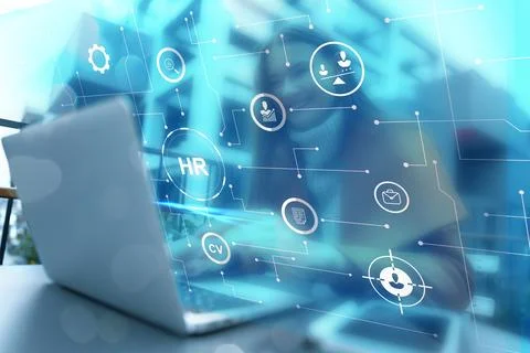 Human resources management software dashboard displayed on a laptop screen in a Stock Photos