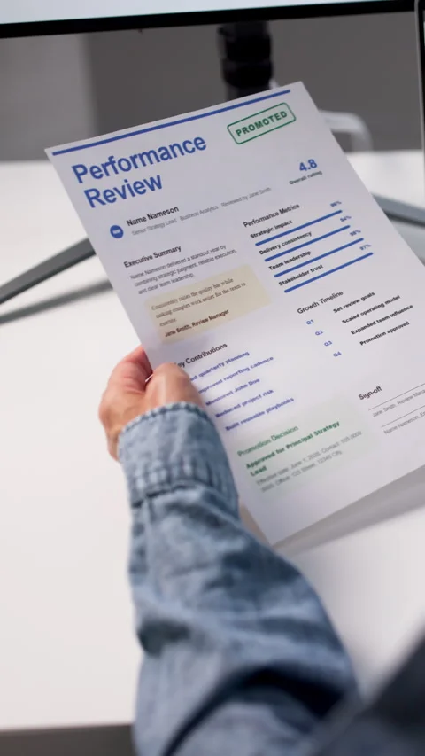 Human Resources Manager Carefully Reviews Employee's Annual Performance Stock Footage 337227625