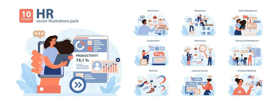 Human resources manager competencies set. Recruitment and personnel Illustrazione stock