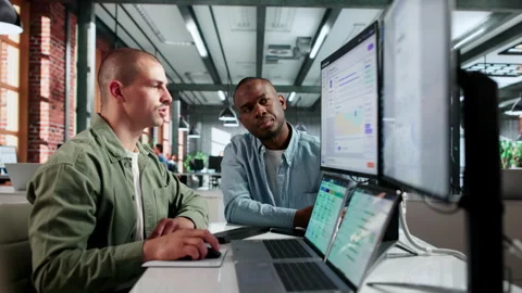 Human Resources Manager Discusses Employee Performance Using Software Video stock 336370569