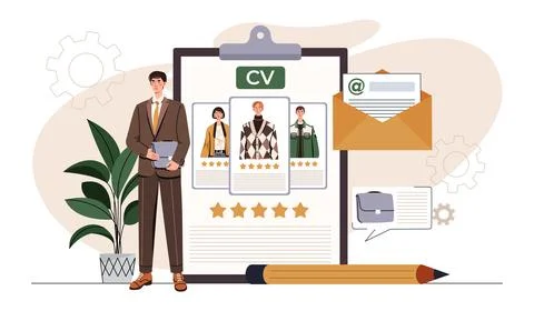 Human resources manager reviewing CVs. Vector illustration Ilustração Stock