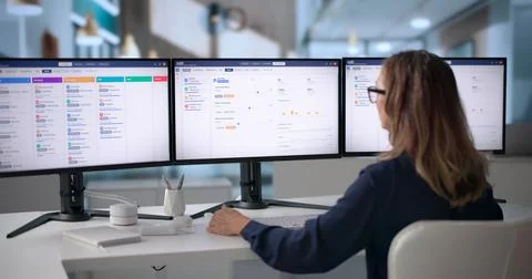Human Resources Manager Uses Digital Software To Review Candidate Profiles Ca 写真素材