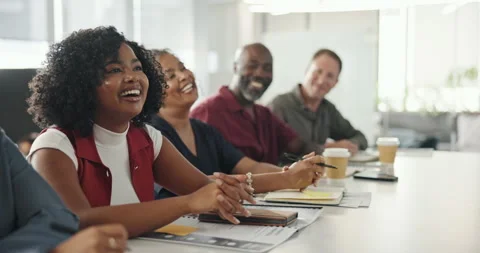 Human resources, meeting or team laughing in boardroom, corporate training or cv Stock Footage 323899413