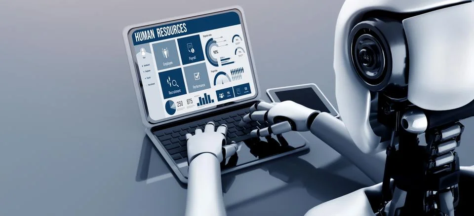 Human resources software on computer screen help employee manage people snugly Stock Illustration