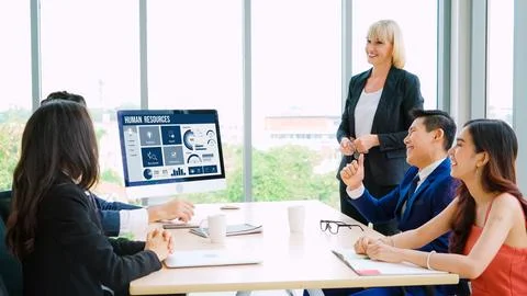 Human resources software on computer screen help employee manage people snugly Stock Photos