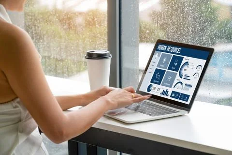 Human resources software on computer screen help employee manage people snugly Foto stock