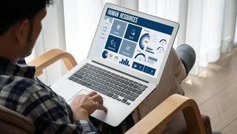 Human resources software on computer screen help employee manage people snugly 写真素材