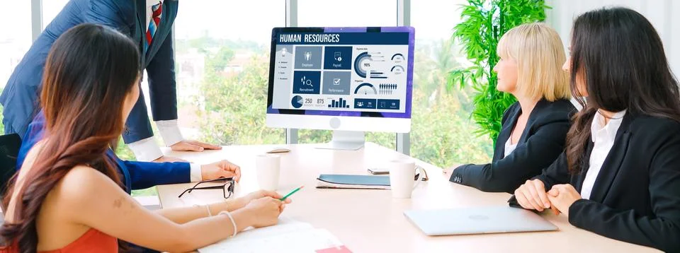 Human resources software on computer screen help employee manage people snugly Stock Photos