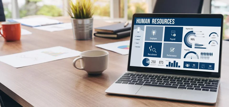 Human resources software on computer screen help employee manage people snugly Stock Photos
