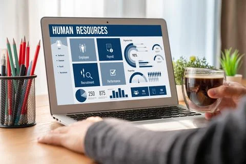 Human resources software on computer screen help employee manage people snugly Stock Photos