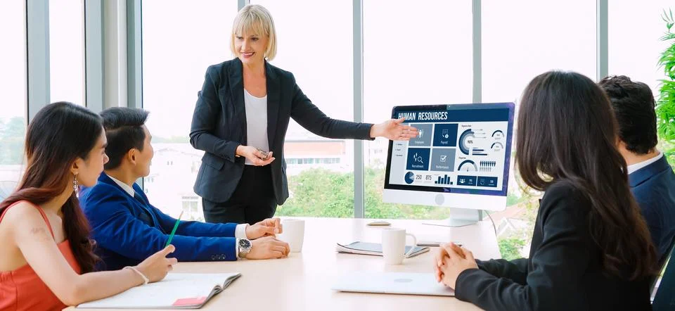 Human resources software on computer screen help employee manage people snugly Stockfoto's