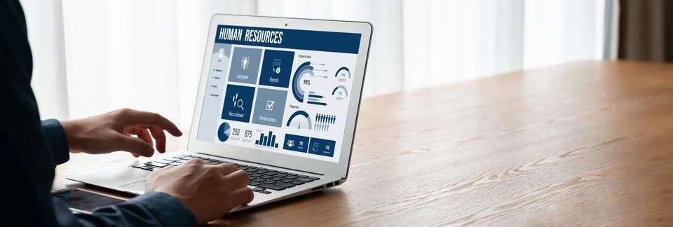 Human resources software on computer screen help employee manage people snugly Stock Photos