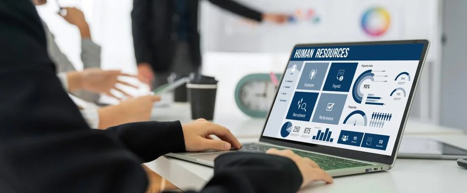 Human resources software on computer screen help employee manage people snugly Stock Photos