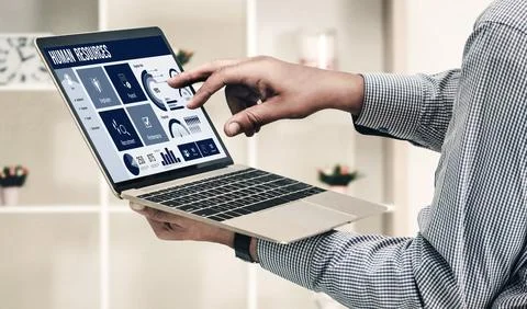 Human resources software on computer screen help employee manage people snugly Foto stock