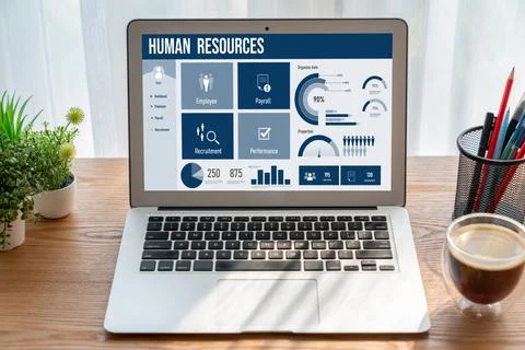 Human resources software on computer screen help employee manage people snugly Stock Photos