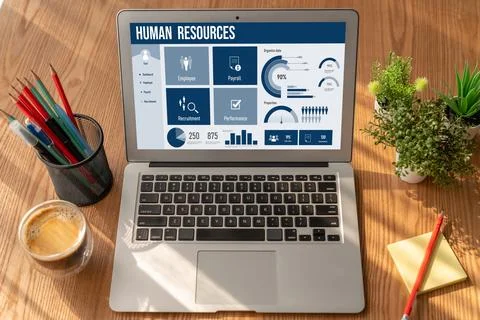 Human resources software on computer screen help employee manage people snugly Stock Photos