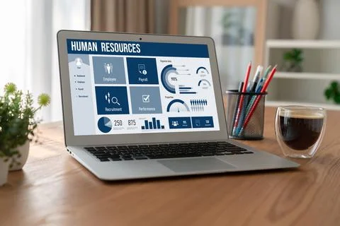 Human resources software on computer screen help employee manage people snugly Stockfoto's