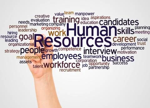 Human Resources word cloud and hand with marker concept Stock Photos