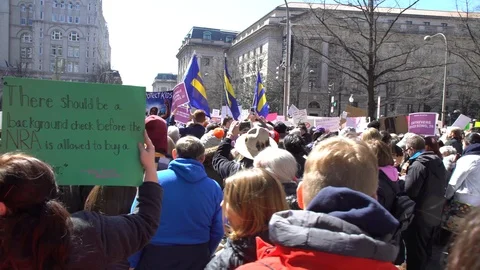 Human Rights Campaign flags during 2018 march on gun control in Washington Stock Footage 88548193