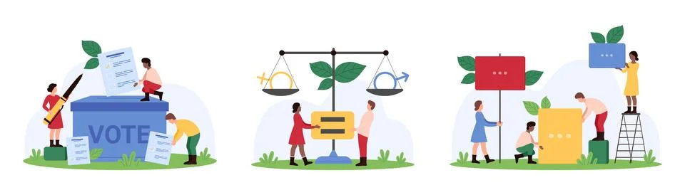 Human rights, equality set, tiny people weigh male and female symbols on balance Stock Illustration