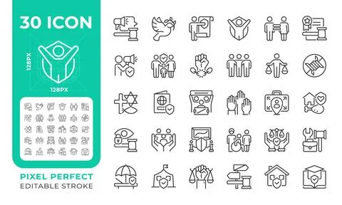 Human rights pixel perfect line icons set Stock Illustration