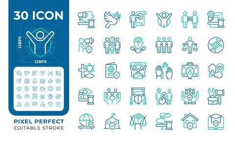 Human rights pixel perfect two color line icons set Stock Illustration