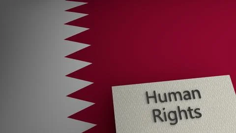 Human rights text representation above the flag of Qatar. 3d render. Stock Illustration