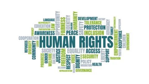 Human rights word cloud typography design with social justice and equality .. 스톡 일러스트