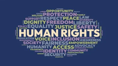 Human rights word cloud typography design with freedom and equality text 스톡 일러스트