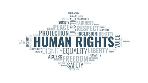 Human rights word cloud typography design with social justice and freedom ter 스톡 일러스트